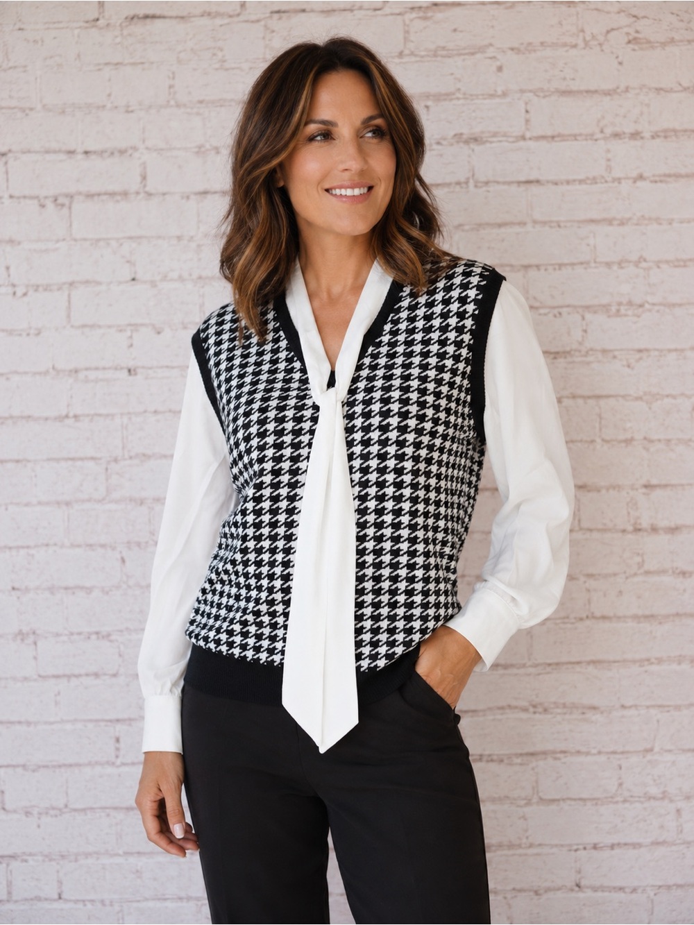 Adrianna Papell Houndstooth Sweater Vest Blouse Combo  Like New Medium